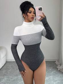 Elenzga Women's Turtleneck Patchwork Long Sleeve Bodysuit, Fitted, Contrast Color, Autumn/Winter - Multicolor - View 6