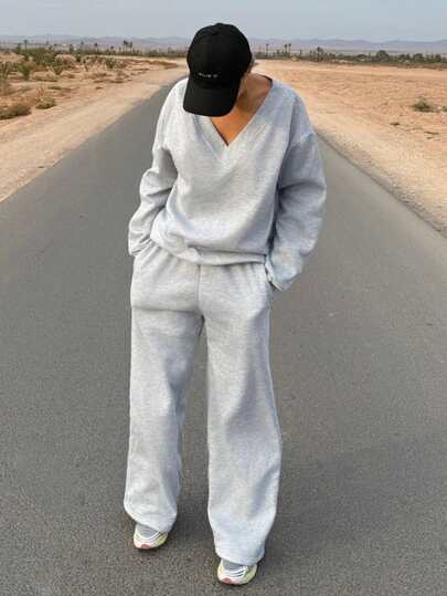 Mélanie ORL Conjunto de 2 piezas de sudadera y pantalón de chándal de mujer con cuello en V amplio, de tejido suave y esponjoso, elástico y holgado, para otoño/invierno