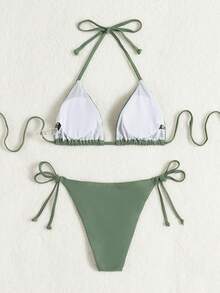 Swim Basics Summer Beach Halter Triangle Tie Side Bikini - Green - View 3