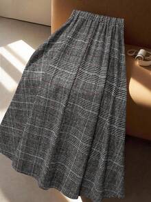 GlowEve CURVE Váy chữ A kẻ caro thanh lịch, giản dị, cỡ lớn cho nữ, mùa thu/đông - Rỉ Nâu - Xem 2