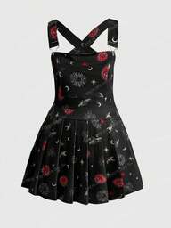 ROMWE Plus Size Goth Dark Graphic Print Pinafore Dress