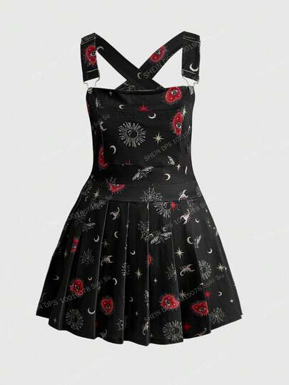 Große Größen Gothic Dunkel Grafik Muster Latzkleid