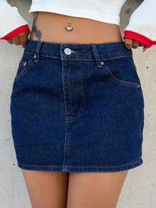 Bearsaez Women's Denim Mini Skirt, Y2K Style, Concert, Back To School,Autumn Outfits For Women - Dark Wash - View 3