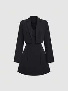 Sweetra 女士新款通勤百搭两件套，轻盈奢华简约高端短款西装外套搭配收腰A字吊带连衣裙套装 - 黑色 - 查看 3