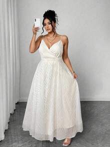 Elenzga 大码V领高腰荷叶边雪纺蕾丝长裙，无袖优雅度假性感女士连衣裙，适合春夏白色新娘送礼会礼服、象牙色连衣裙、白色订婚礼服、白色优雅连衣裙、白色长裙、新娘送礼会礼服、女士礼服、正式女装、优雅经典惊艳连衣裙、女士生日礼服 - 白色 - 查看 1