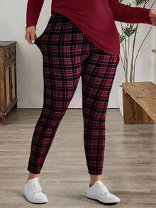 EMERY ROSE 2pcs Plus Size Women Fall/Winter Casual Long Sleeve  Wine Red T-Shirt And Plaid Leggings Set For Winter Clothes,Autumn/Winter,Going Out Outfits,2025 New Clothes,Simple And Fashionable For Everyday Wear, Plus Size Winter Clothes, Christmas Outfit For Women ,New Year Clothes,Thanksgiving Outfit For Women , 2 Piece Sets Woman Plus,Two Piece Set Women Comfy, Lounge Wear, Burgundy Women Lounge Set - Red - View 6