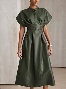 Aveloria Modichic PU Material, Commuter Design Sense, Waist Belt Decor Fashionable V-Neck Pleated Batwing Sleeve Versatile Long Dress - Army Green - View 1