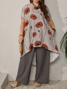 EMERY ROSE Bộ đồ 2 món cho nữ cỡ lớn: Áo sơ mi và quần in hoa - Nhiều màu - Xem 3