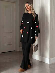 EURMUSE Women Heart Embroidery Balloon Sleeve Sweater And Pant Knit Set - Black - View 5