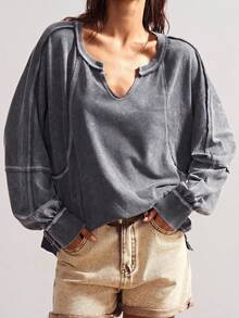 Bohemela 大码纯色简约长袖T恤，日常穿着 - 灰色 - 查看 6