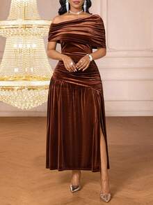 SHEIN Lady Women's Brown Knitted Fitted Asymmetrical Neck Short Sleeve Long Maxi Dress - Brown - View 9