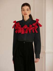 Aveloria 法式风格甜美浪漫双色 3D 蝴蝶结装饰女童长袖衬衫女士秋季衬衫，节日派对服装可爱有趣的纽扣衬衫女士