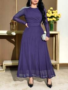 Modelyn Women's Elegant Party Pearl Embellished Dress - Purple - View 6
