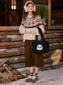 We Bare Bears X SHEIN 1pc Black Fashion Portable Doll Head Design Large Capacity Tote Bag For Women - Black - View 2