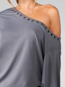 MISSGUIDED Off Shoulder Long Sleeve Top With Metal Eyelet Detailing Asymmetric Neckline One Shoulder Design Drop Shoulder Fit Casual Blouse For Fall Winter - Dark Grey - View 5