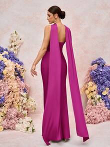 SHEIN Belle Elegant Romantic Green Woven Matte Ribbon Decor Open Shoulder Strapless Fitted Mermaid Bridesmaid Dress - Red Violet - View 4