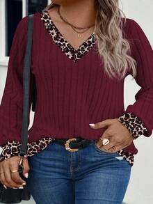 Women's Casual V-Neck Long Sleeve Colorblock Leopard Print Plus Size Sweatshirt, Autumn/Winter - Burgundy - View 4