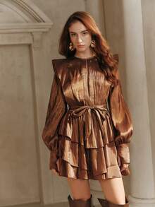 SHEIN Unity 新款春季女士优雅浪漫灯笼袖荷叶边蛋糕裙连衣裙，系腰短款连衣裙，适合派对和闪亮场合 - 棕色 - 查看 4