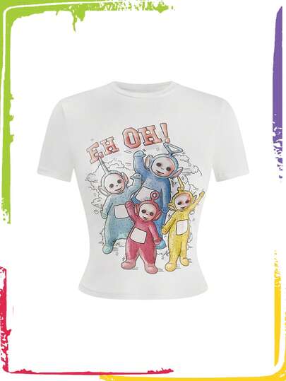 Teletubbies X ROMWE T-shirt estiva casual da donna con grafica di cartoni animati e lettere, scollo tondo, maniche corte