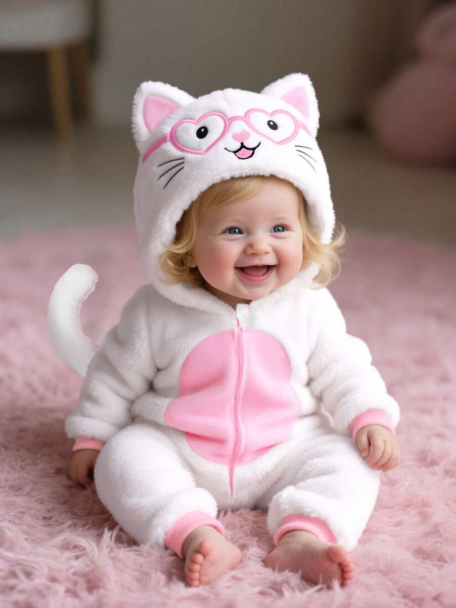 Newborn Cute Cat Embroidery 3D Plush Long Sleeve Jumpsuit Outfit