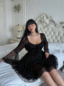 Lyrianda Y2K Textured Jacquard Knit Elastic Drawstring Flare Sleeve Ruffle Hem Plus Size Dress - Black - View 5