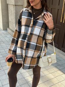 SHEIN Maternity Solid Ribbed Tank Jumpsuit + Plaid Shirt Jacket Two Pieces Set, Spring/Autumn - Brown - View 8