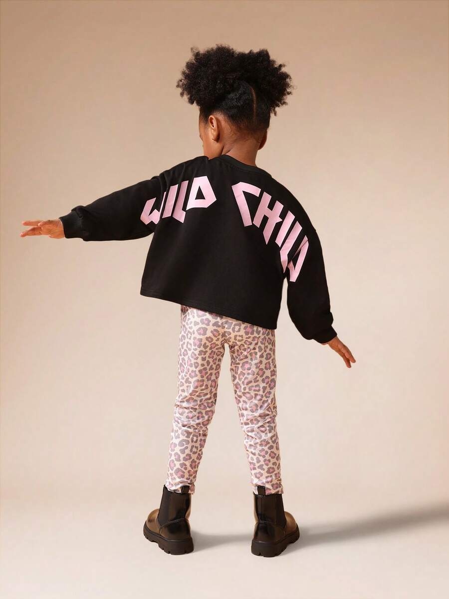 SUMWON Girls Wild Child Hoodie And Leopard Print Leggings Co-Ord Set Long Sleeve Sweatshirt With Text Print Casual Outfit Vacation - Black - View 1