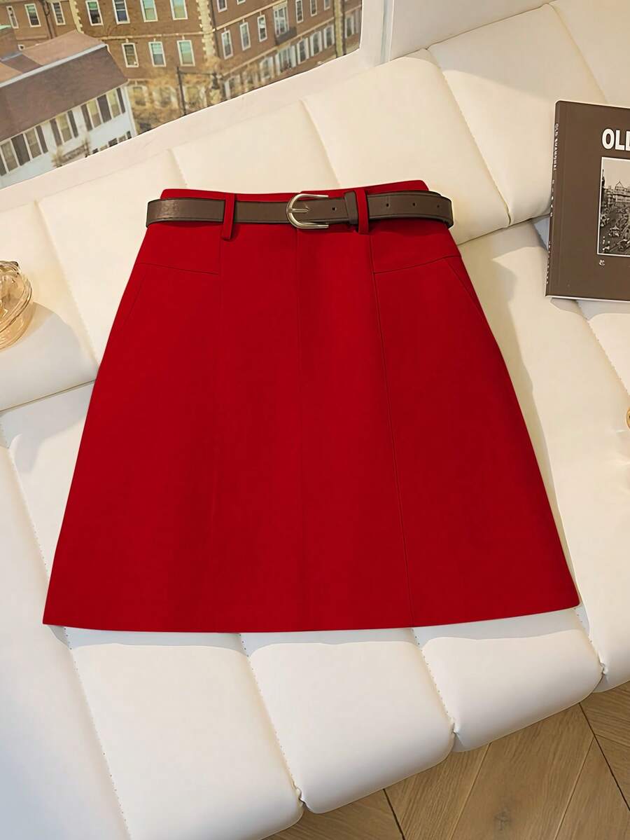 INAWLY 金属扣腰A字迷你裙，通勤休闲时尚 - 紅色 - 查看 1