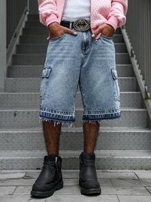 Manfinity EMRG 男士复古水洗做旧工装口袋宽松毛边七分牛仔裤 - 中等水洗藍 - 查看 3