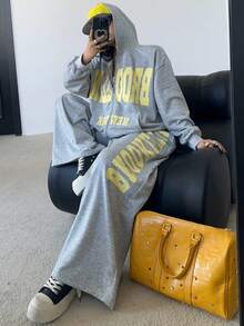 POPSWAY Bộ đồ thể thao dài hai mảnh in họa tiết tối giản giản dị - Xám - Xem 5