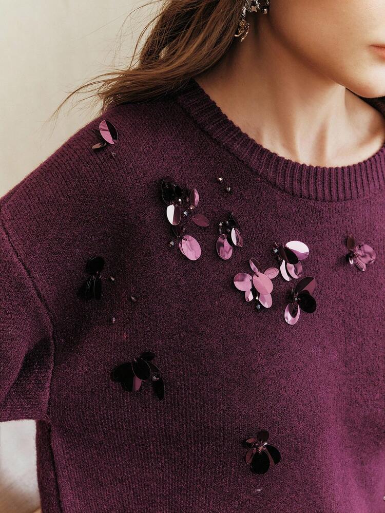 Women's Crew Neck Handcrafted Beaded & Sequin Embellished Elegant Pullover Sweater, Fashionable & Versatile For Work And Casual Wear, Purple