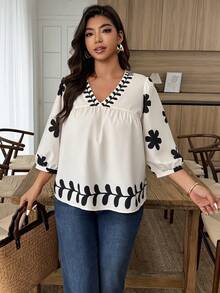 Weeklong Plus Size Women's V-Neck Floral Print Casual Vacation Shirt, Spring/Summer - Multicolor - View 7