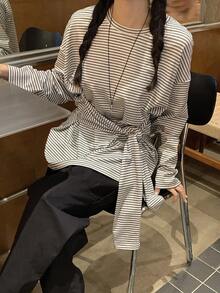 DAZY Women's Casual Striped Round Neck Long Sleeve T-Shirt, Spring/Autumn - Grey - View 5