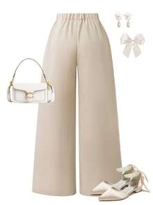 SHEIN Casual Apricot Wide-Leg Pants, Loose Fit Design Showcasing Relaxed Vibe, Suitable For School, Weekend Leisure Occasions, Spring & Autumn Tween Girl Dress Pant Suit Teen Two Piece Pantsuit Tween Girl Wide Leg Pants Two Piece Set Teen Girls - Apricot - View 6