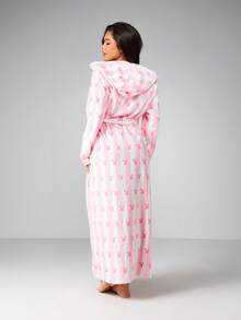Missguided x Playboy Hooded Long Sleeve Pink Bunny Print All Over Pattern Fleece Robe With Tie Belt Maxi Length Loungewear Sleepwear - Multicolor - View 2