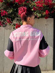 Bearsaez Letter Print Contrast Color Drop Shoulder Bomber Jacket For New Year Clothes Fall Winter Cloth For Women ,Petite Women - Pink - View 2