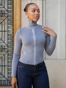 Yess Loren Ribbed High Neck Zip Up Cardigan Spring Casual Y2k 90's Stripe Cute Airport Holiday Summer Vacation Fall Back To School Autumn Winter Everyday Christmas Work Office