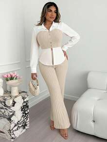 Xyvia 杏色和白色奢华通勤高端成熟智慧女士长袖上衣和阔腿裤两件套，AB面料拼接衬衫领翻领修身腰部上衣，罗纹阔腿裤，适合办公室、校园、商务、旅行、秋冬春季休闲穿着。 - 卡其色 - 查看 6