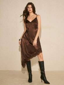 Poéselle Váy yếm ren tương phản viền bất đối xứng dành cho nữ, mùa hè - màu nâu - Xem 4
