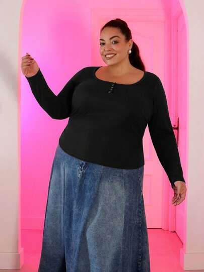 Pretty and Ole Plus Size Casual Square Neck Long Sleeve Ruched Waist Blouse