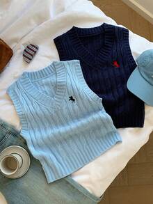 Comfortcana 女士休闲多色百搭刺绣针织背心，蓝色拼接毛衣背心，适合秋冬季穿着 - 彩色 - 查看 4