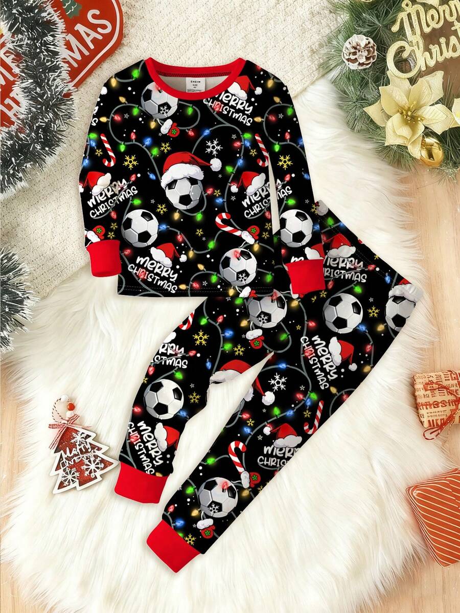 Pijama de niño pequeño de estilo minimalista casual, clásico y cómodo para Navidad, con diseños divertidos, de fútbol, de dibujos animados y de Navidad, de corte ajustado, cuello redondo y manga larga, adecuado para otoño/invierno - Multicolor - Ver 1