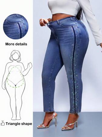 Truni 大码女式修身弹力牛仔裤，饰有水钻和口袋细节，蓝色牛仔裤，松紧腰设计，适合梨形三角身材
