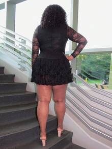 Truni Plus Size Women's Sheer Lace Long Sleeve Mini Dress, Lace Peplum Hem Mini Dress, Square Neck Detail Dress/Autumn /Winter - Black - View 9