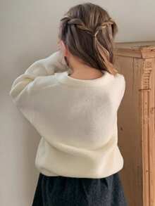 DAZY Young Girl Letter Graphic Turndown Collar Drop Shoulder Long Sleeve Casual Sweater, Autumn/Winter - Apricot - View 4