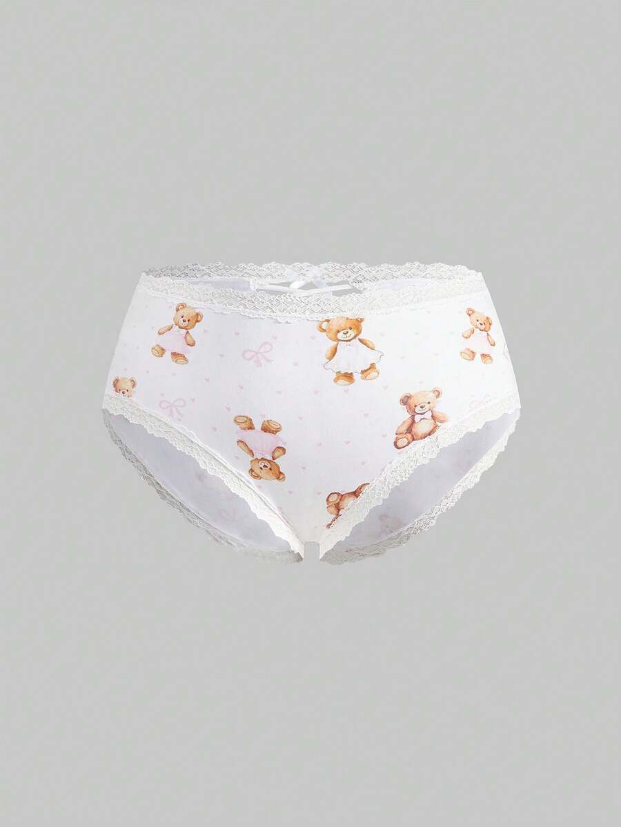ROMWE Kawaii Plus Size Cute Cartoon Polka Dot Teddy Bear Lace Bow Triangle Panties - Black - View 1
