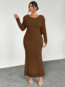 Firerie Đầm dài tay cổ bèo nhún lưới co giãn, thoải mái, thanh lịch cỡ lớn, dành cho tiệc tùng, tụ tập, hẹn hò, khiêu vũ, ngày lễ, tiệc trà chiều cao cấp, thu đông - màu nâu - Xem 6