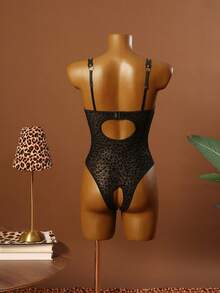 SHEIN Sexy Wild Flocked Leopard Print Mesh Lace-Up Bow Hollow Lingerie Bodysuit - Black - View 2