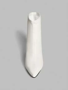 Ontre 女士尖头不对称高跟时尚日常百搭粗跟踝靴 - 白色 - 查看 5