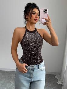 Elenzga Women's Sexy Backless Halter Rhinestone Bodysuit - Coffee Brown - View 7